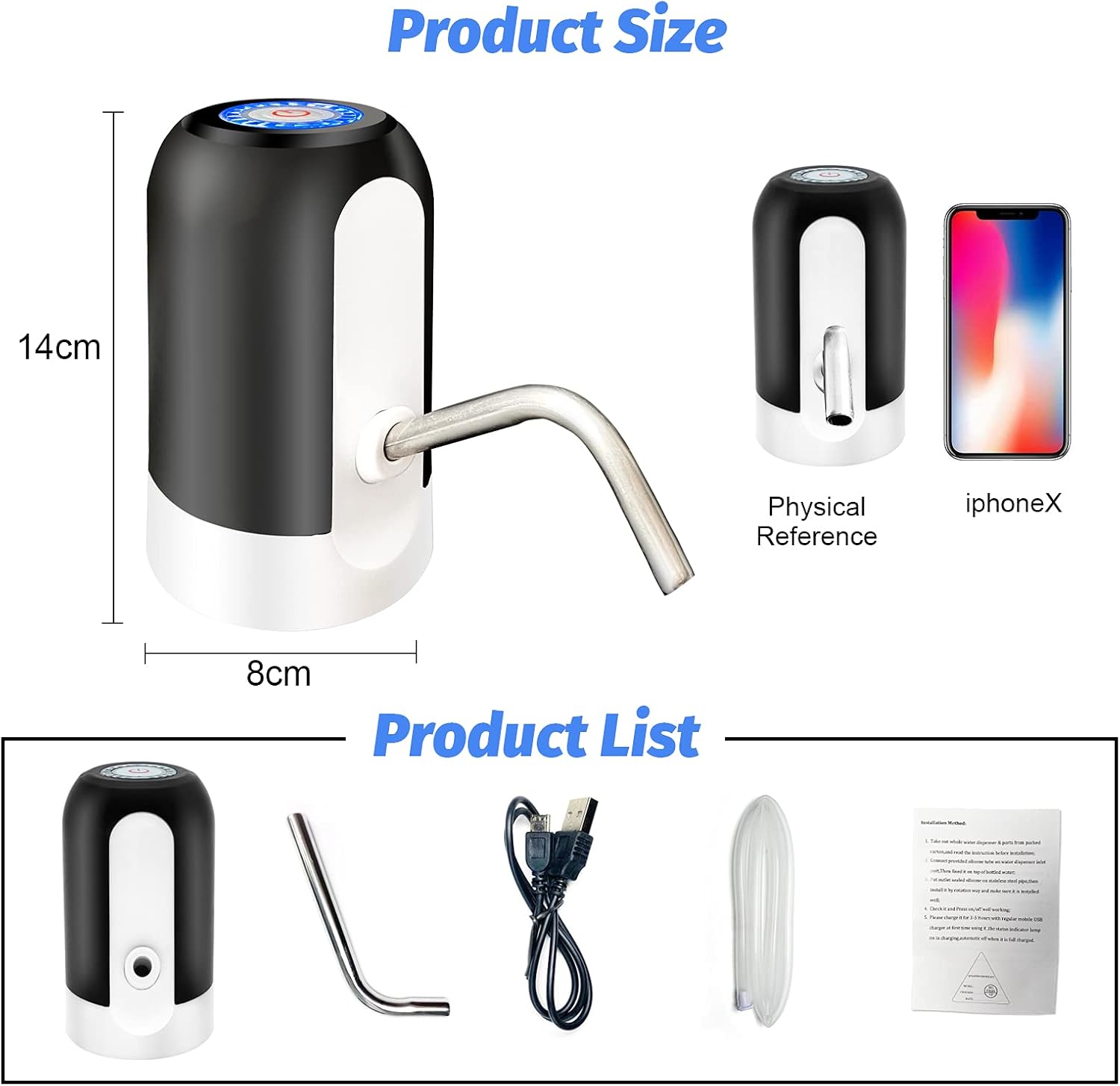 SKY-TOUCH Automatic Water Dispenser, USB Rechargeable Bottle Drinking Water Radio Water Pump, Black
