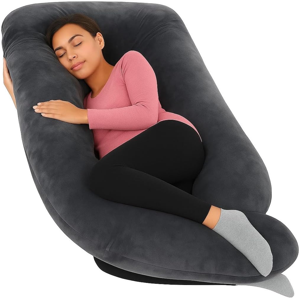 FOAMYMAX Pregnancy Pillows for Sleeping, F Shaped Full Body Maternity Pillow with Removable Cover - Support for Back, Legs, Belly, HIPS for Pregnant Women, 150 Cm, Color Grey, Made in Saudi Arabia