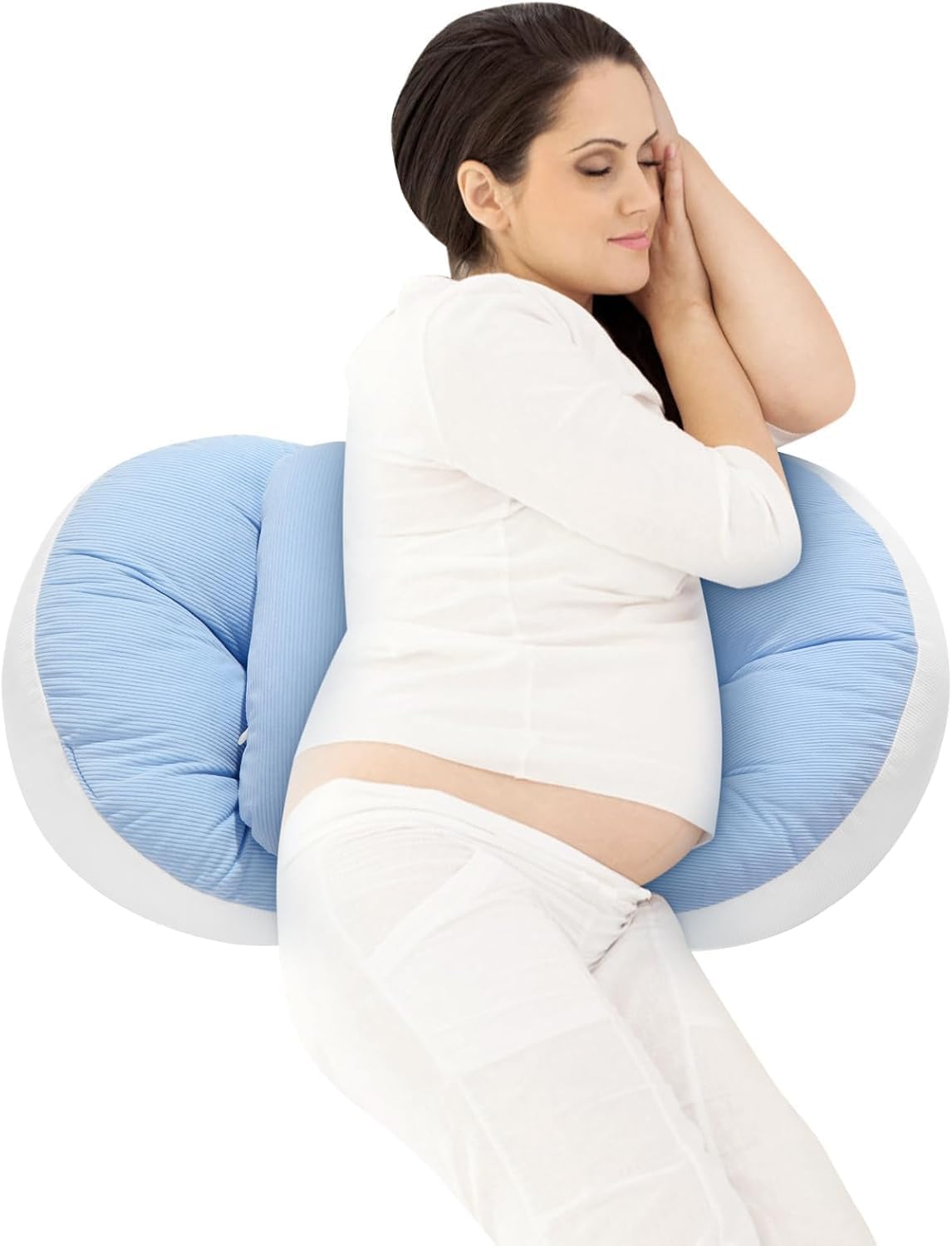 Adjustable maternity wedge pillow for side sleepers. Supports waist & belly for better sleep. Washable cover. Ideal pregnancy gift for moms. Color: Blue.