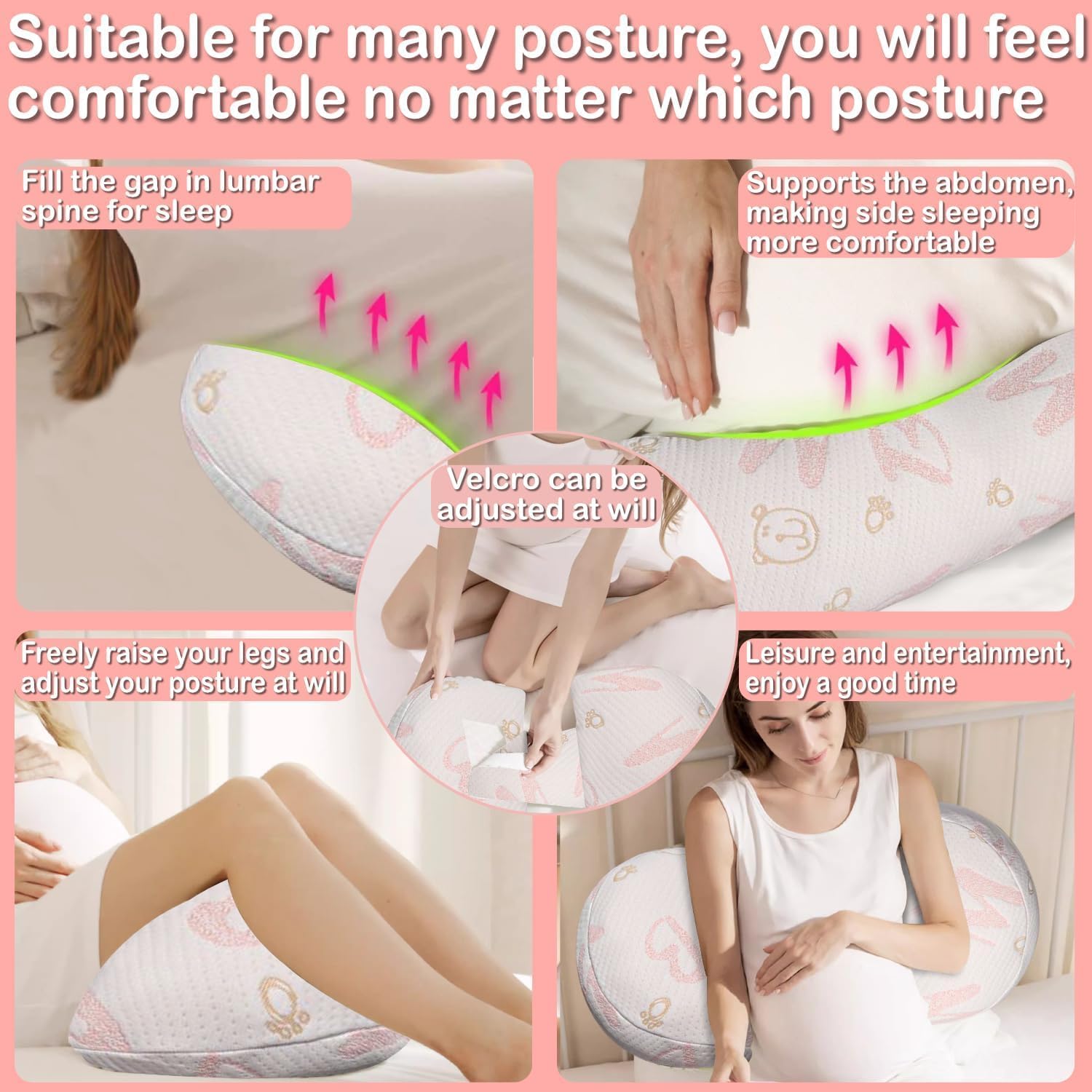 Pregnancy Maternity Pillow for Sleeping, Support for HIPS, Backs, Legs, with Detachable and Adjustable Cover (Pink)