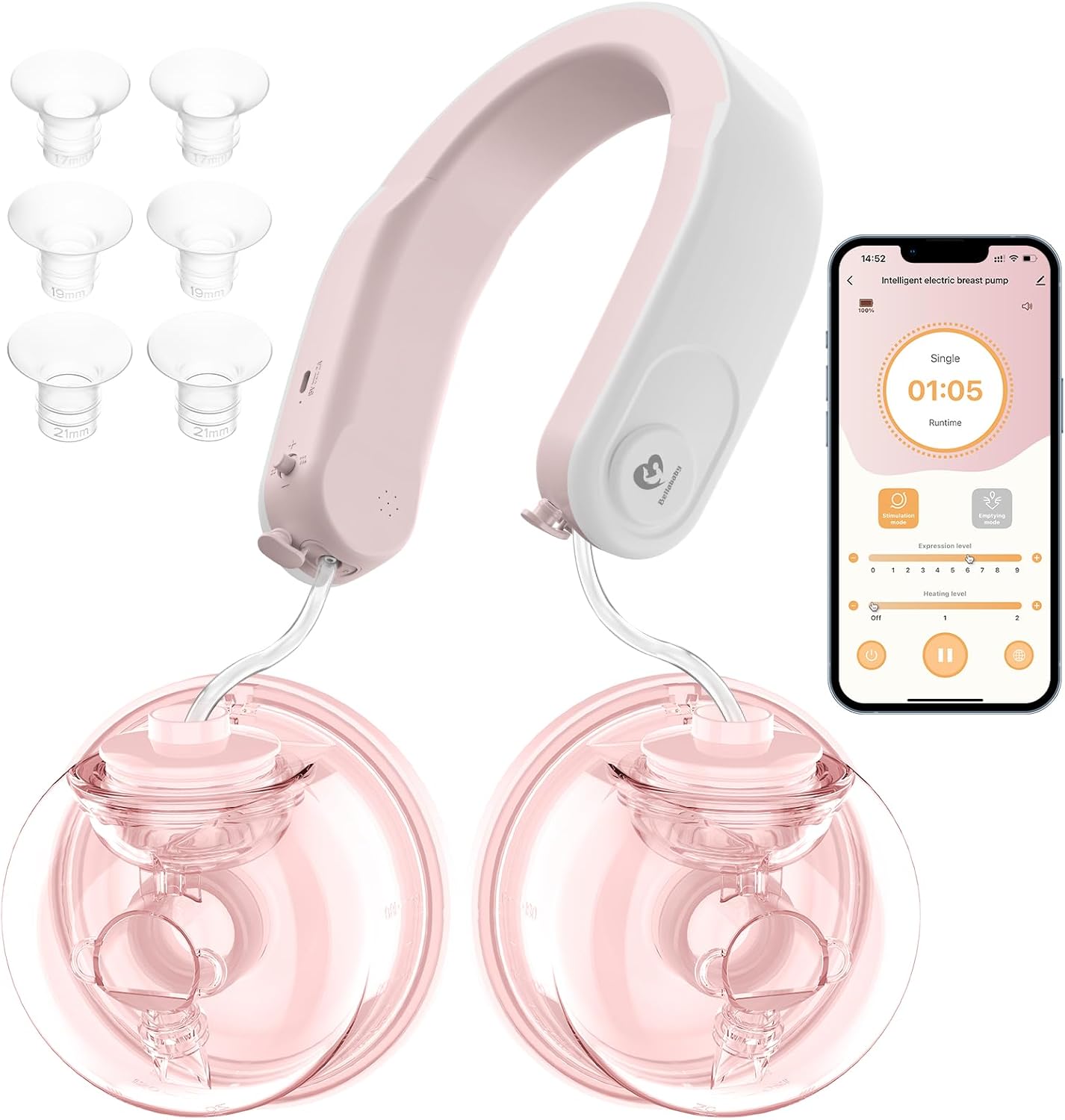 Bellababy wearable double breast pump with neck-hanging heating tech. 3 modes, 9 suction levels, 24mm flanges. Hands-free, quiet, leak-proof, and portable for discreet pumping.