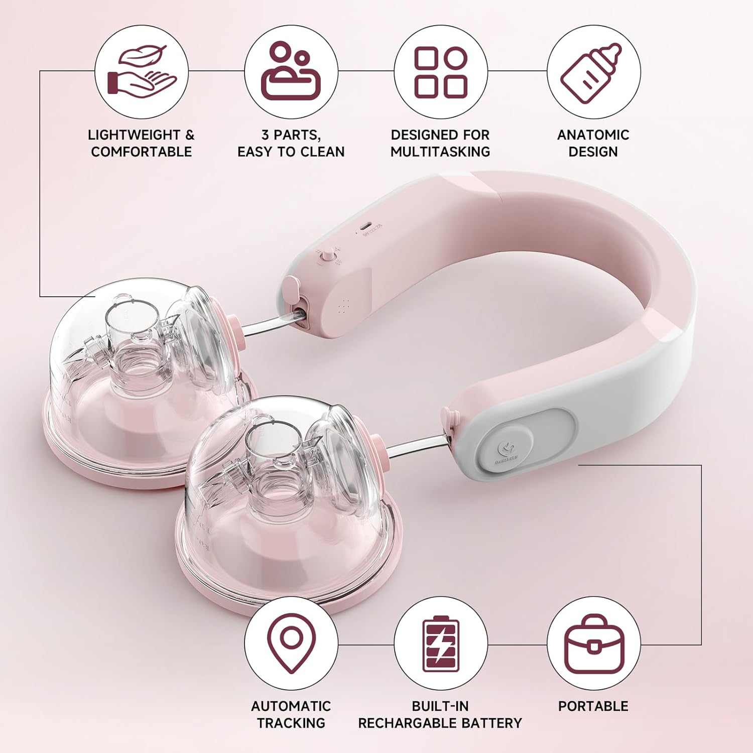 Bellababy wearable double breast pump with neck-hanging heating tech. 3 modes, 9 suction levels, 24mm flanges. Hands-free, quiet, leak-proof, and portable for discreet pumping.
