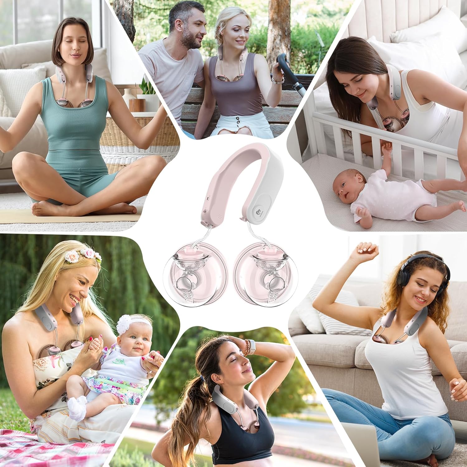 Bellababy wearable double breast pump with neck-hanging heating tech. 3 modes, 9 suction levels, 24mm flanges. Hands-free, quiet, leak-proof, and portable for discreet pumping.